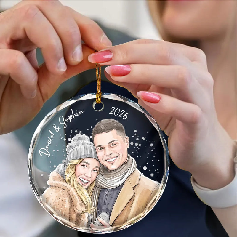 Art Design,Christmas,Romantic,Gift For Couples,Photo - Vivid Watercolor Art - Custom Photo Vivid Watercolor Art Anniversary Loving Couple - Personalized Circle Glass Ornament