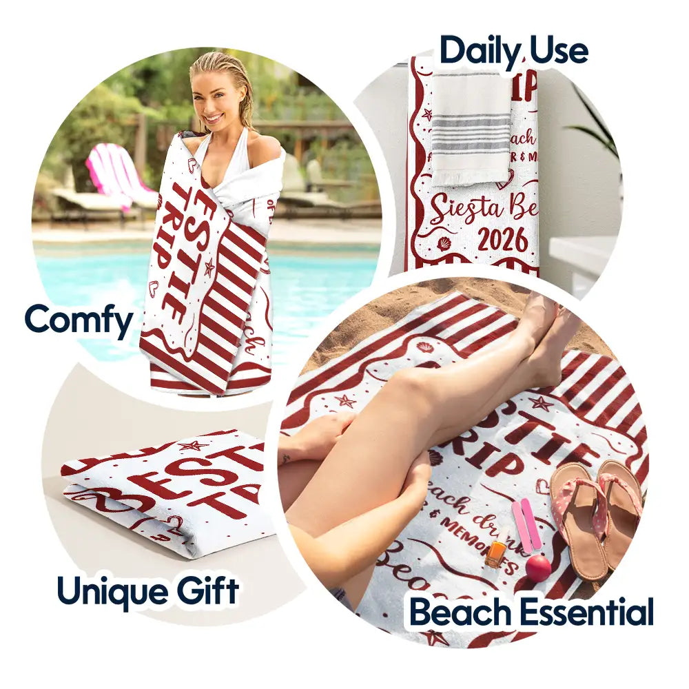 Gift For Bestie,Beach,Family,Happy,Icon - Girls Trip Family Trip On Vacation - Personalized Beach Towel