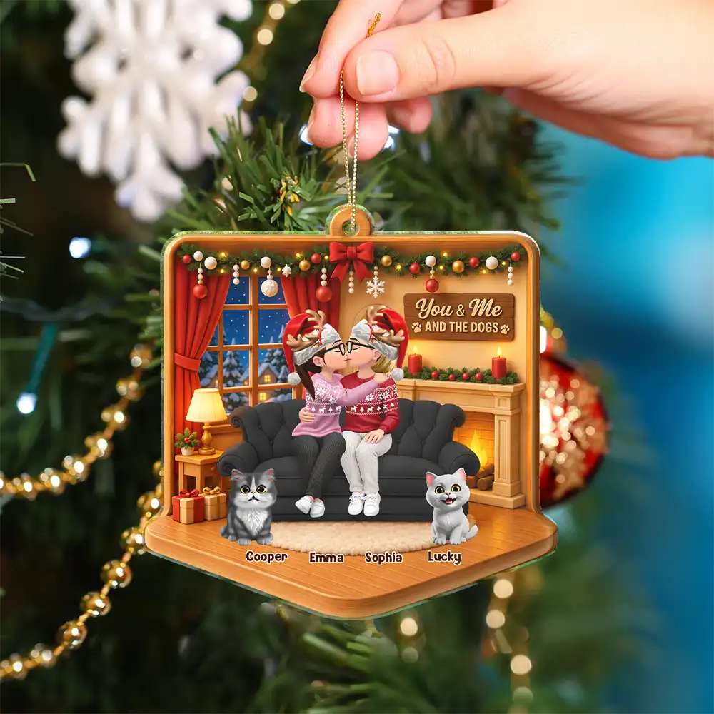 Christmas, Dog Couple, Dog Lovers, Gift For Couples, Pet Lovers, Romantic, Vector - Christmas Gift For Couples With Dogs - Personalized Diorama Style Acrylic Ornament