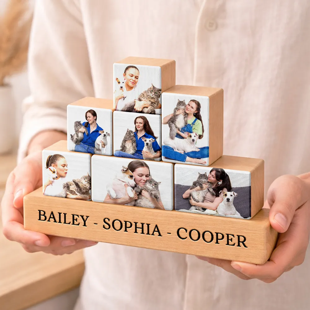 Pet Lovers,Pet Mom,Pet Dad,Pet Couple,Dog Lovers,Dog Mom,Dog Dad,Dog Couple,Cat Lovers,Cat Mom,Cat Dad,Cat Couple - Custom Photo Cute Dog Cat For Pet Lover - Personalized Wooden Stacking Photo Blocks