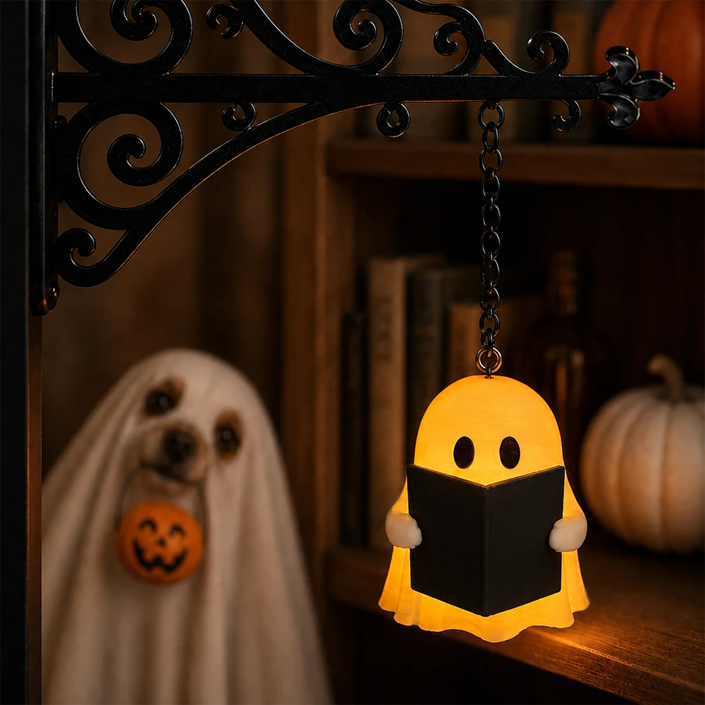 No Custom,Halloween,Cozy,Reading,Gift For Yourself,Gift For Women - Bookish Halloween Reading Lover Ghost Pumpkin - Personalized Bookshelf Lantern Light
