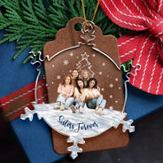 Family, Christmas, Funny - Custom Photo Christmas Family Sister BFF Together - Personalized Snowflakes Shaped Glass Ornament