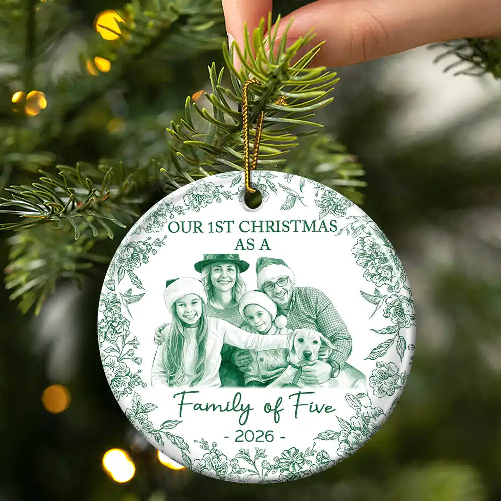 Art Design,Christmas,Family,Photo - Porcelain Art Style,Happy - Custom Photo Single-Color Watercolor First Christmas As A Family Of Four - Personalized Circle Ceramic Ornament