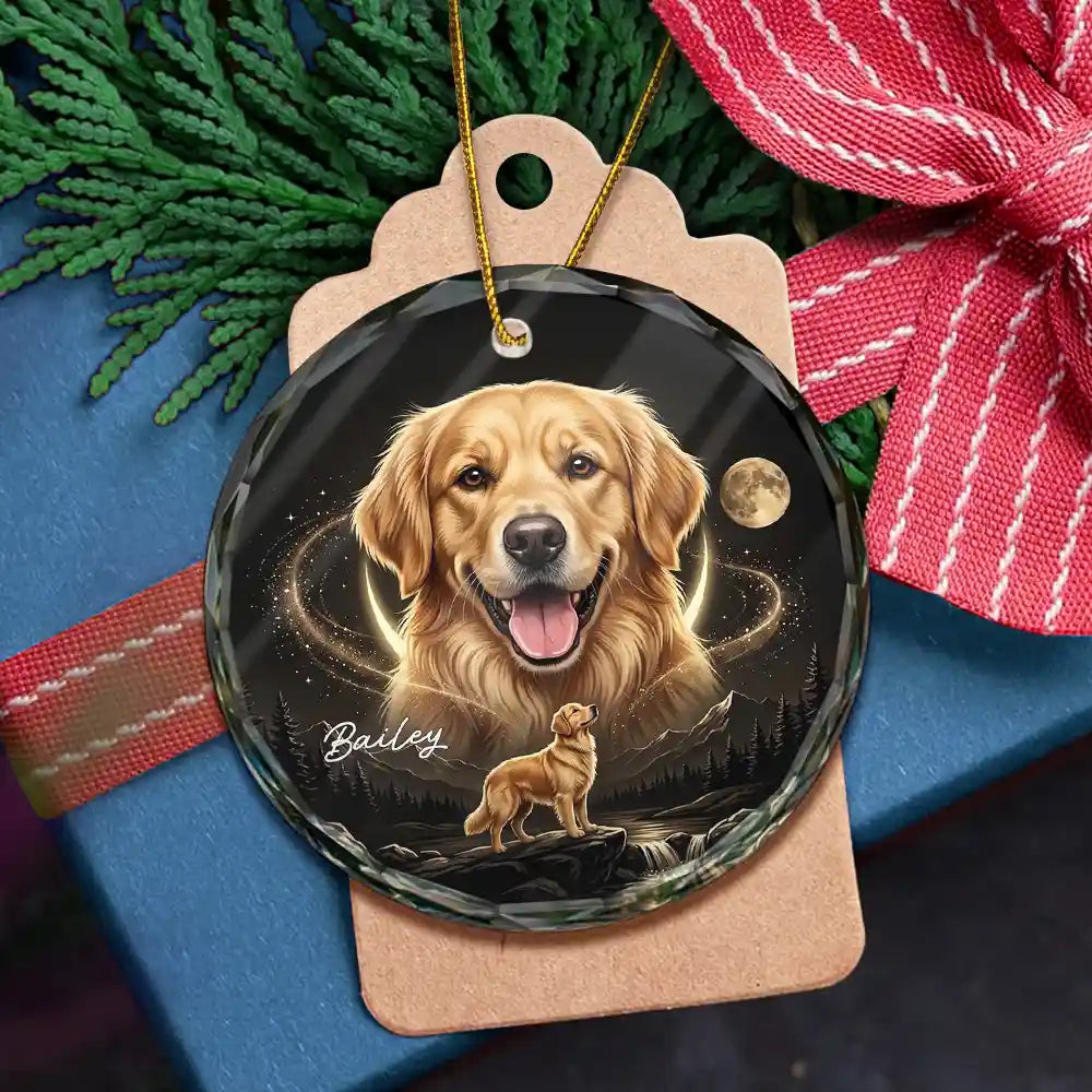 Art Design,Christmas,Custom Photo,Indoor Decor,Pet Lovers,Photo - Moon Pet ,Playful - Gift For Dog Lovers - Personalized Custom Photo Moonlight Night Sky Portrait Circle Glass Ornament
