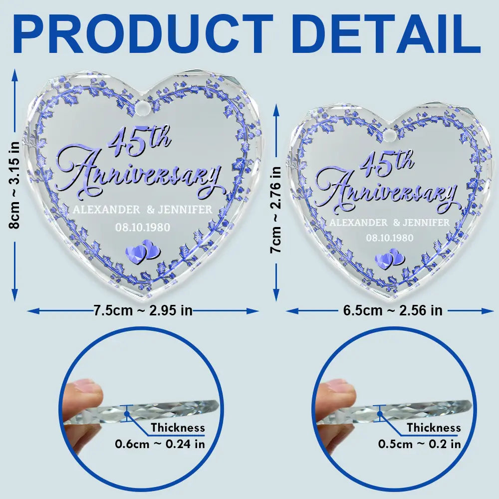 Gift For Couples,Gift For Husband,Gift For Wife,Old Couples,Married ,Wedding Anniversary,Anniversary,Christmas,Love - Married Couple Wedding Anniversary Milestones - 3D Precious Stone And Metal Effect Printed, Personalized Heart Shaped Glass Ornament