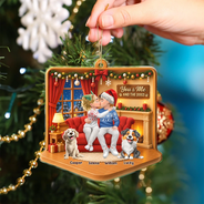 Christmas, Dog Couple, Dog Lovers, Gift For Couples, Pet Lovers, Romantic, Vector - Christmas Gift For Couples With Dogs - Personalized Diorama Style Acrylic Ornament