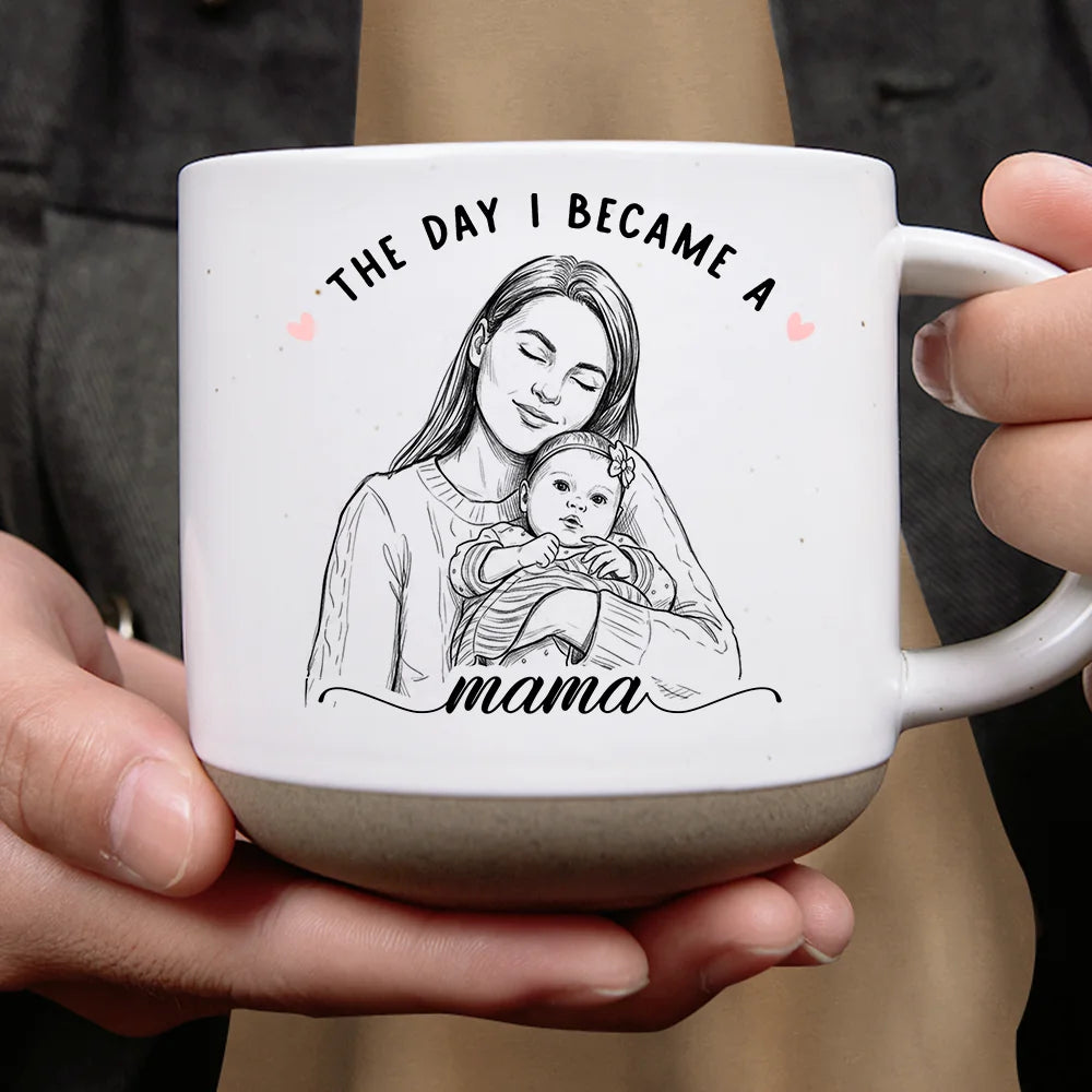 Art Design,Christmas,Custom Photo,First Christmas,Gift For Mother,Gifts For Her,Happy,New Baby,New Mom,Photo - Pencil Sketch - Bold - Gift For New Mom - Personalized Custom Photo Pencil Sketch Calendar The Day I Became A Mama Pottery Mug