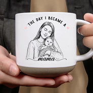 Art Design,Christmas,Custom Photo,First Christmas,Gift For Mother,Gifts For Her,Happy,New Baby,New Mom,Photo - Pencil Sketch - Bold - Gift For New Mom - Personalized Custom Photo Pencil Sketch Calendar The Day I Became A Mama Pottery Mug
