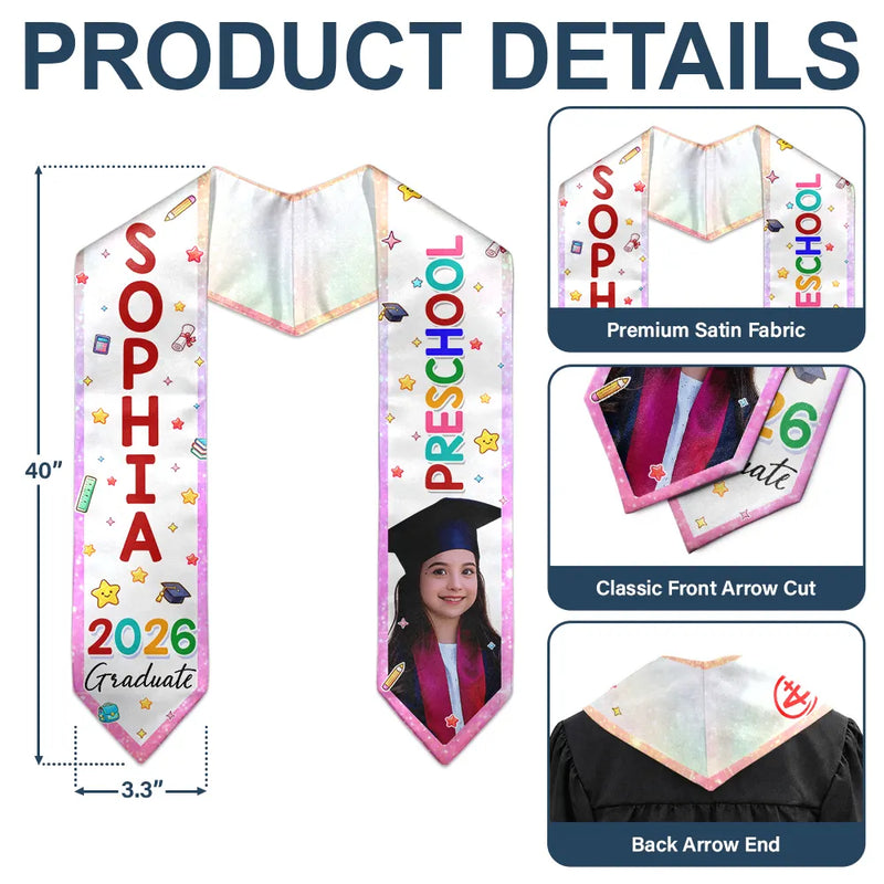 Graduation,Gift For Grandkids,Gift For Kids,Happy - Custom Photo Cute Graduation Kid Kindergarten Preschool - Personalized Kid Graduation Stole