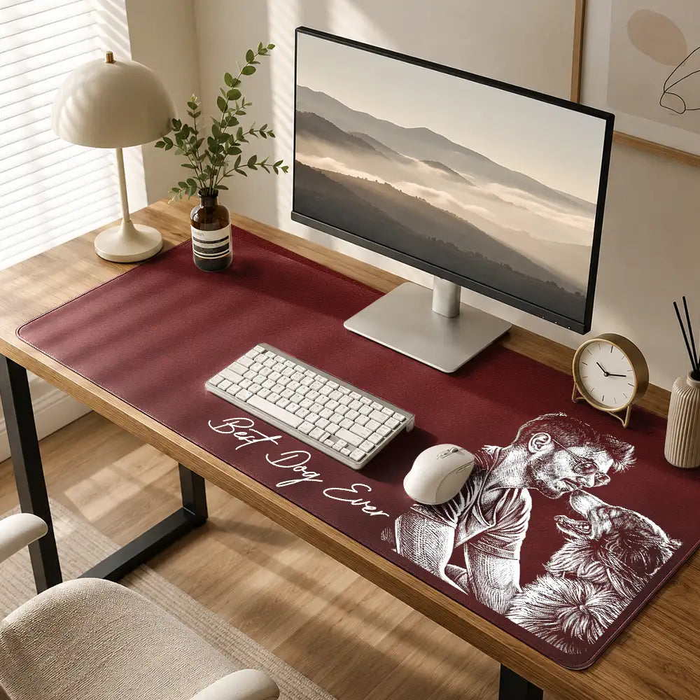 Gift For Husband,Gift For Men,Gift For Grandpa,Gift For Father,Dad - Sons,Dad - Children,New Dad,Grandpa - Grandkids,Photo - Pencil Sketch (Dark BG),Sentimental - Custom Photo White Pencil Sketch Art Best Dad Papa Ever We Love You - Personalized Leather Desk Mat