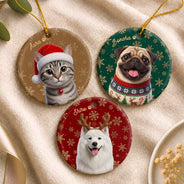 Art Design,Christmas,Custom Photo,Indoor Decor,Pet Lovers,Photo - Christmas Accessories 3D Cartoon Pet,Playful - Christmas Gift For Dog Cat Lovers - Personalized Custom Photo Snowflake Pet Portrait And Name Circle Ceramic Ornament