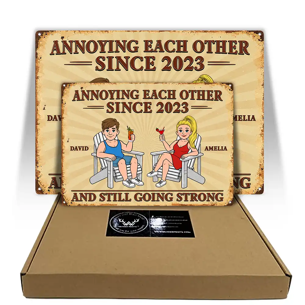 Top Market, Humorous, Old Couples, Gift For Couples, Vector - Annoying Each Other For Many Years Still Going Strong Retro Cartoon Couple - Personalized Classic Metal Signs