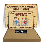 Top Market, Humorous, Old Couples, Gift For Couples, Vector - Annoying Each Other For Many Years Still Going Strong Retro Cartoon Couple - Personalized Classic Metal Signs