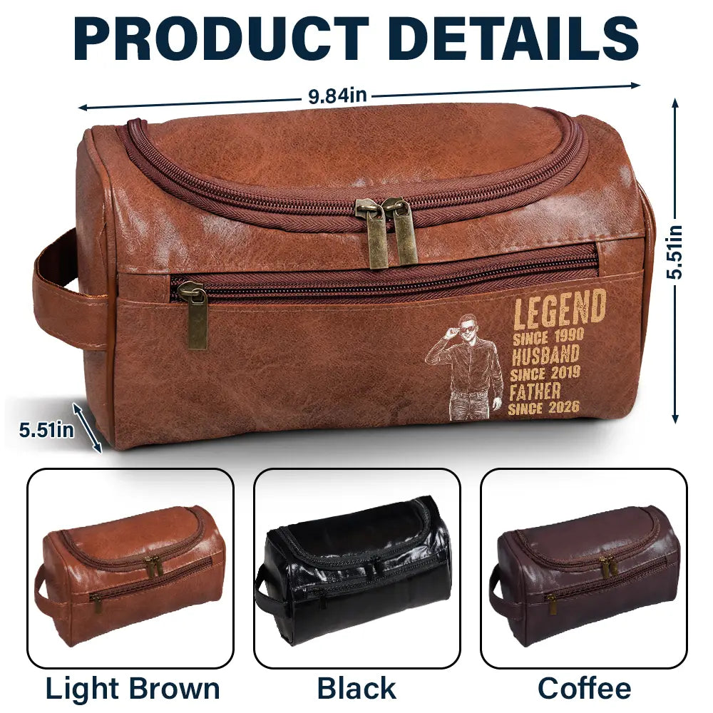 Custom Photo,Gift For Father,Gift For Grandpa,Happy,Photo - Pencil Sketch (Dark BG) - Custom Photo White Pencil Sketch Art Legend Husband Daddy Since - Personalized Leather Toiletry Bag