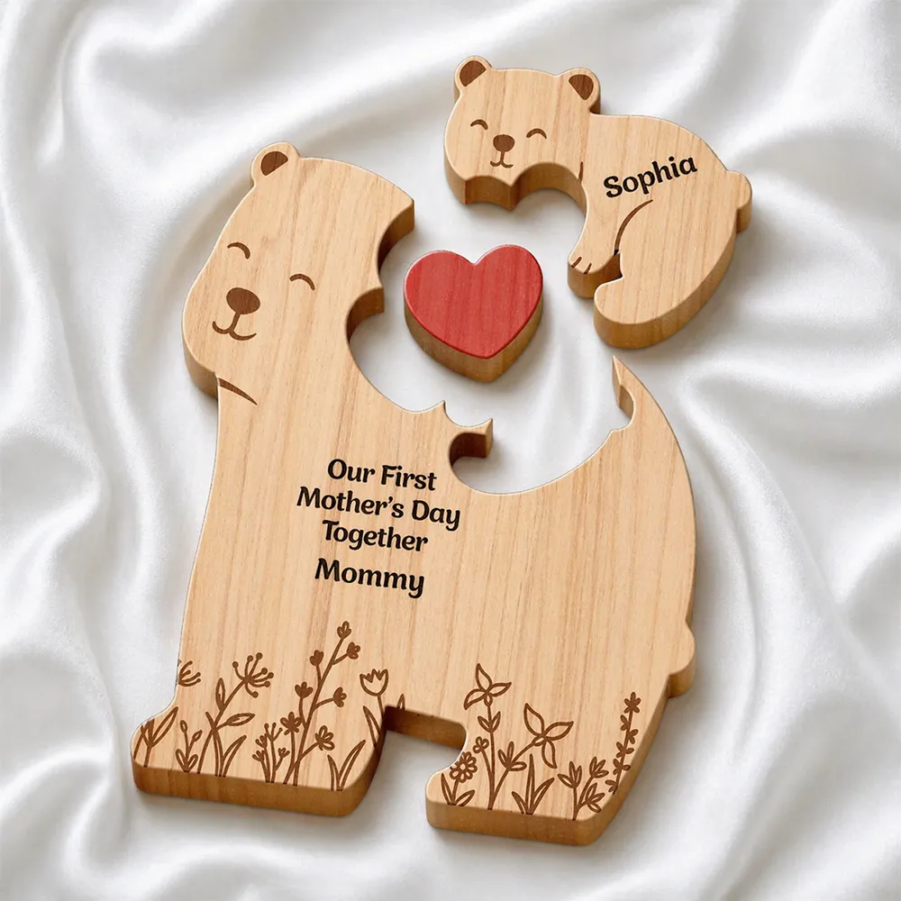 Gift For Mother,Gift For Father,Love - Hugging Mama Papa Bear & Baby Cub - Personalized Custom Shaped Wooden Puzzle