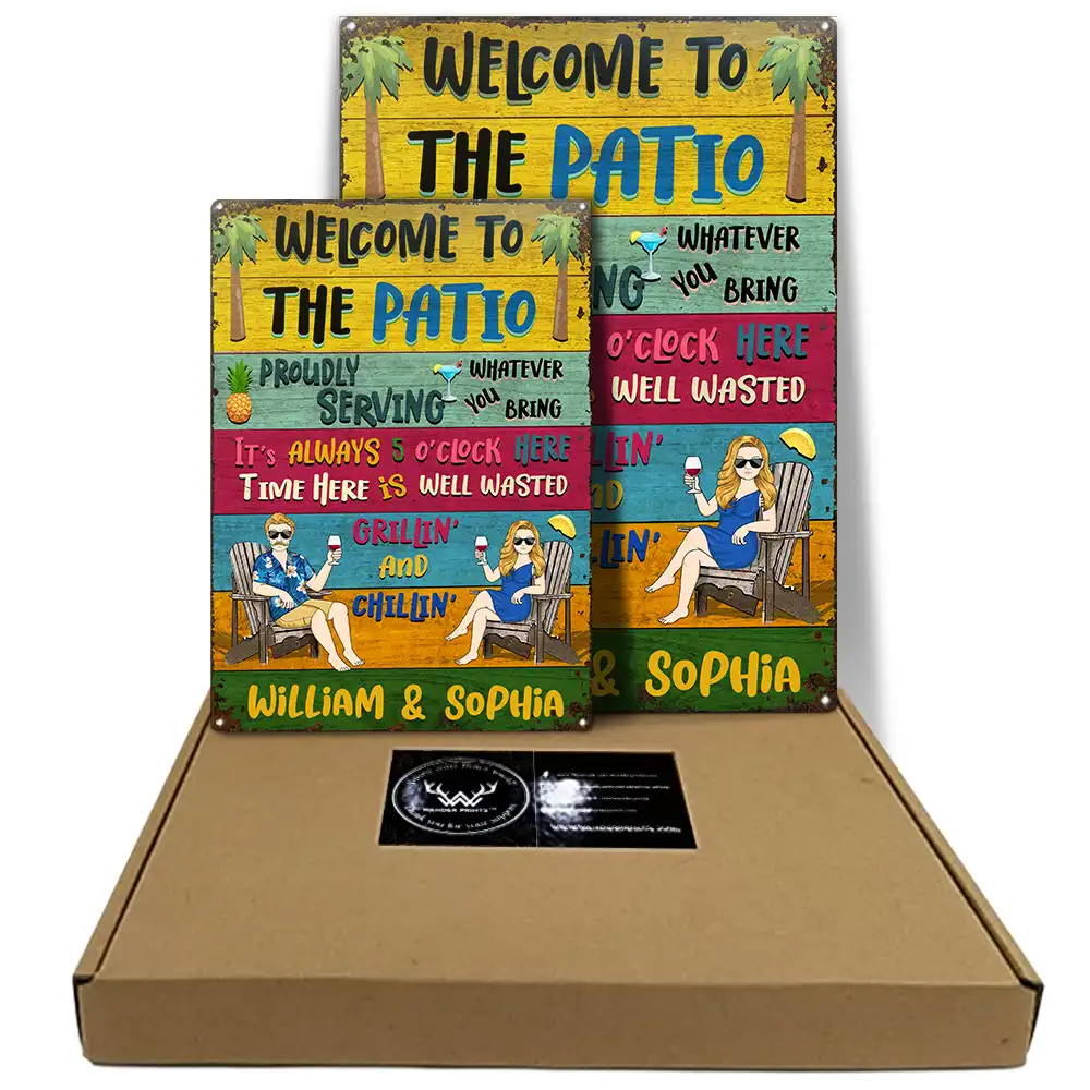 Gift For Couples,Gift For Husband,Gift For Wife,Gift For Boyfriend,Gift For Girlfriend,Patio,Grilling,Happy - Couple Outdoor Decor Proudly Serving Whatever You Bring - Personalised Classic Metal Signs