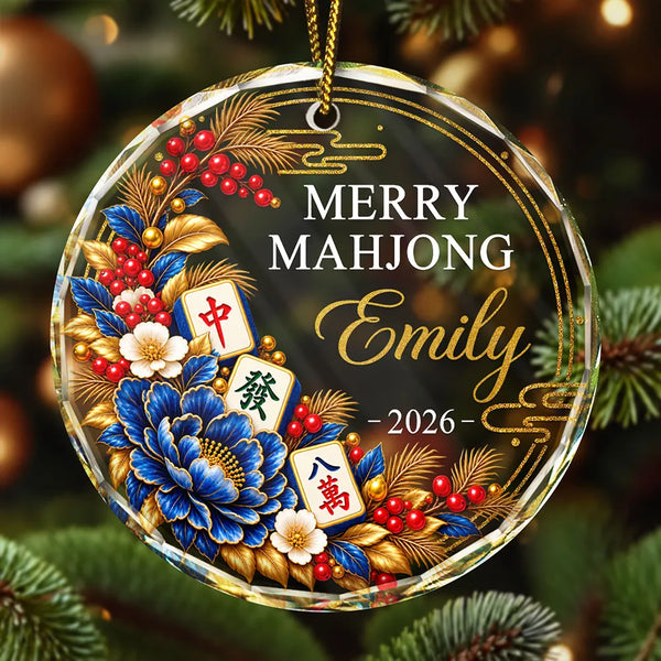 Christmas,Custom Text,Gift For Women,Gift For Yourself,Gifts For Her,Happy - Christmas Gift For Mahjong Club - Personalized Merry Mahjong Glass Ornament