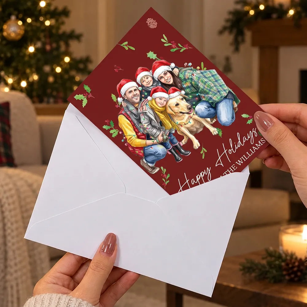 Art Design,Christmas,Custom Photo,Family,Photo - Portrait With Santa Hat & Christmas Lights,Sentimental - Family Christmas - Personalized Custom Photo Watercolor Family Portrait Merry Christmas Cards