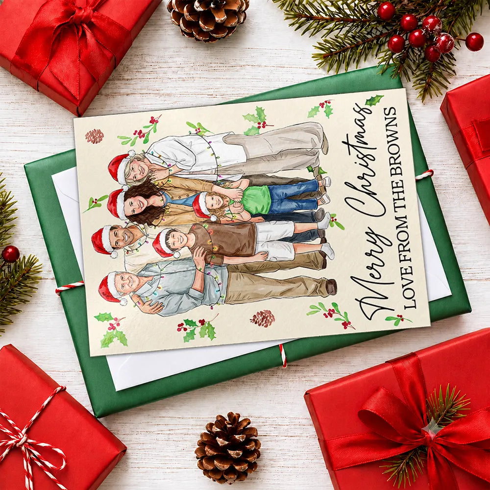 Art Design,Christmas,Custom Photo,Family,Photo - Portrait With Santa Hat & Christmas Lights,Sentimental - Family Christmas - Personalized Custom Photo Watercolor Family Portrait Merry Christmas Cards