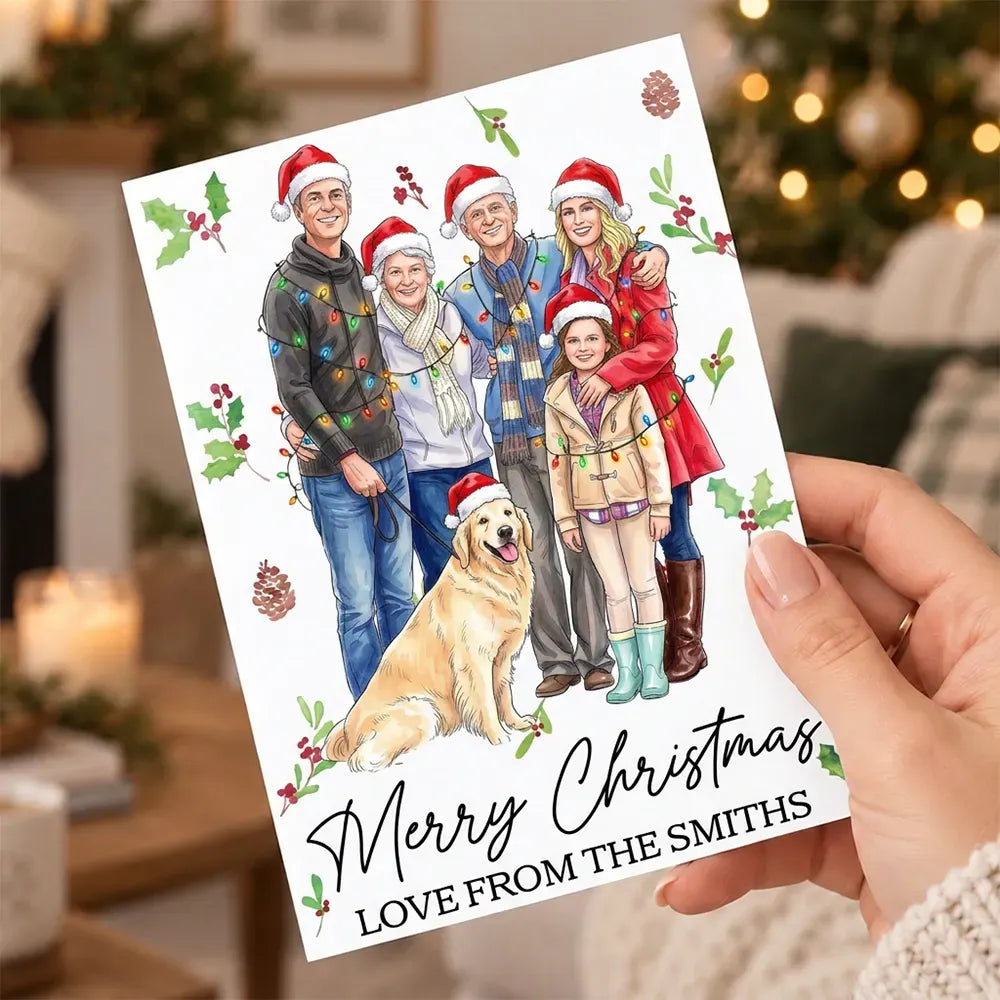 Art Design,Christmas,Custom Photo,Family,Photo - Portrait With Santa Hat & Christmas Lights,Sentimental - Family Christmas - Personalized Custom Photo Watercolor Family Portrait Merry Christmas Cards