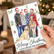 Art Design,Christmas,Custom Photo,Family,Photo - Portrait With Santa Hat & Christmas Lights,Sentimental - Family Christmas - Personalized Custom Photo Watercolor Family Portrait Merry Christmas Cards