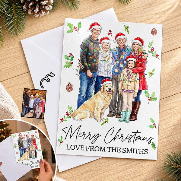 Art Design,Christmas,Custom Photo,Family,Photo - Portrait With Santa Hat & Christmas Lights,Sentimental - Family Christmas - Personalized Custom Photo Watercolor Family Portrait Merry Christmas Cards