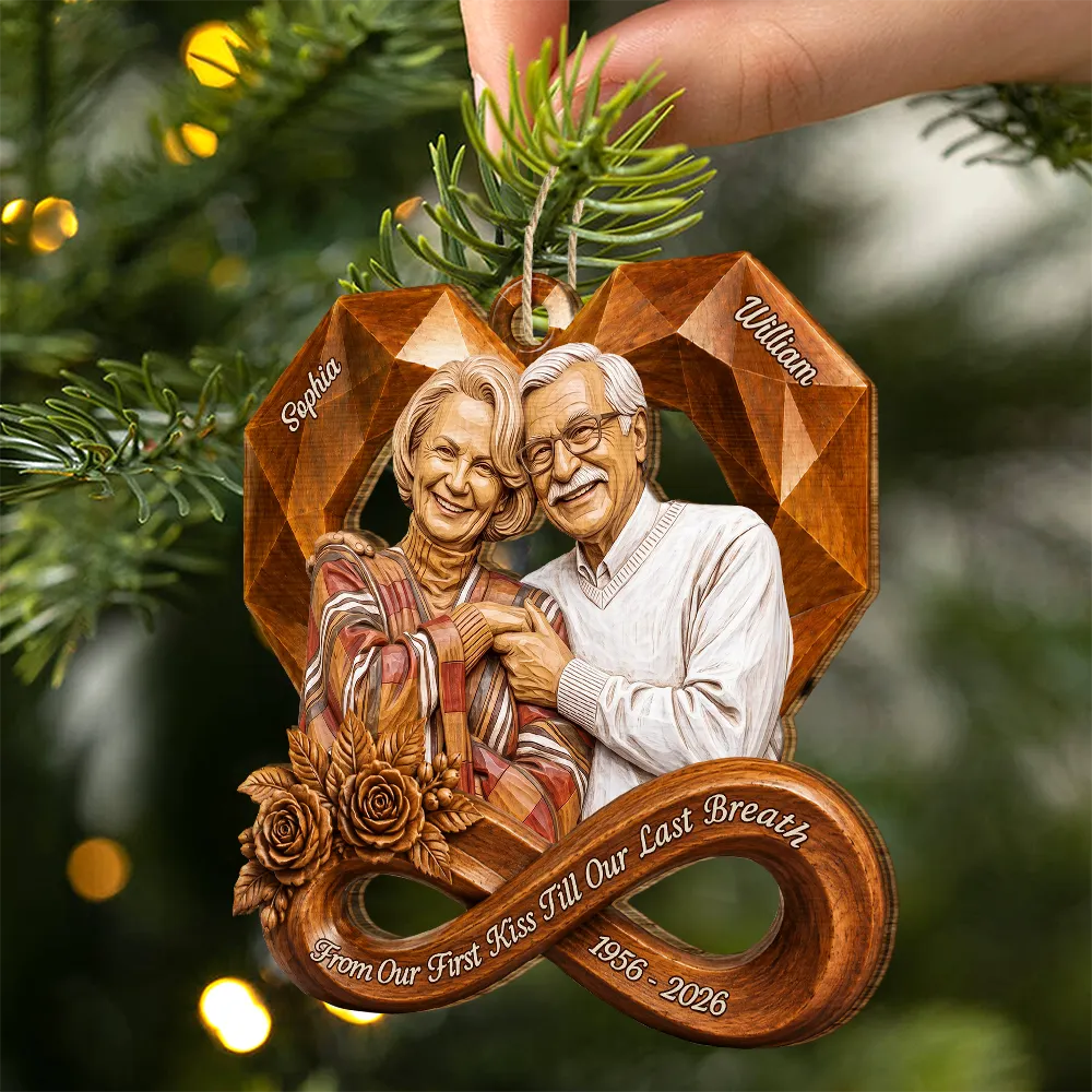 Anniversary,Art Design,Christmas,Custom Photo,Gift For Couples,Old Couples,Photo - Wooden Effect Ver 2,Romantic - Anniversary Gift For Couples - Personalized Custom Photo 2D Printed From Our First Kiss Wooden Ornament