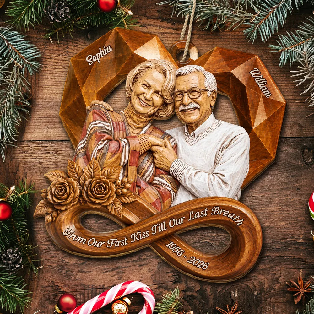 Anniversary,Art Design,Christmas,Custom Photo,Gift For Couples,Old Couples,Photo - Wooden Effect Ver 2,Romantic - Anniversary Gift For Couples - Personalized Custom Photo 2D Printed From Our First Kiss Wooden Ornament
