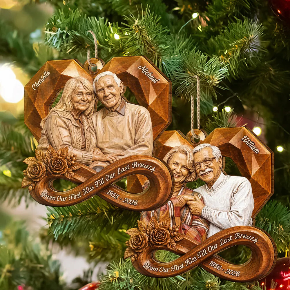 Anniversary,Art Design,Christmas,Custom Photo,Gift For Couples,Old Couples,Photo - Wooden Effect Ver 2,Romantic - Anniversary Gift For Couples - Personalized Custom Photo 2D Printed From Our First Kiss Wooden Ornament