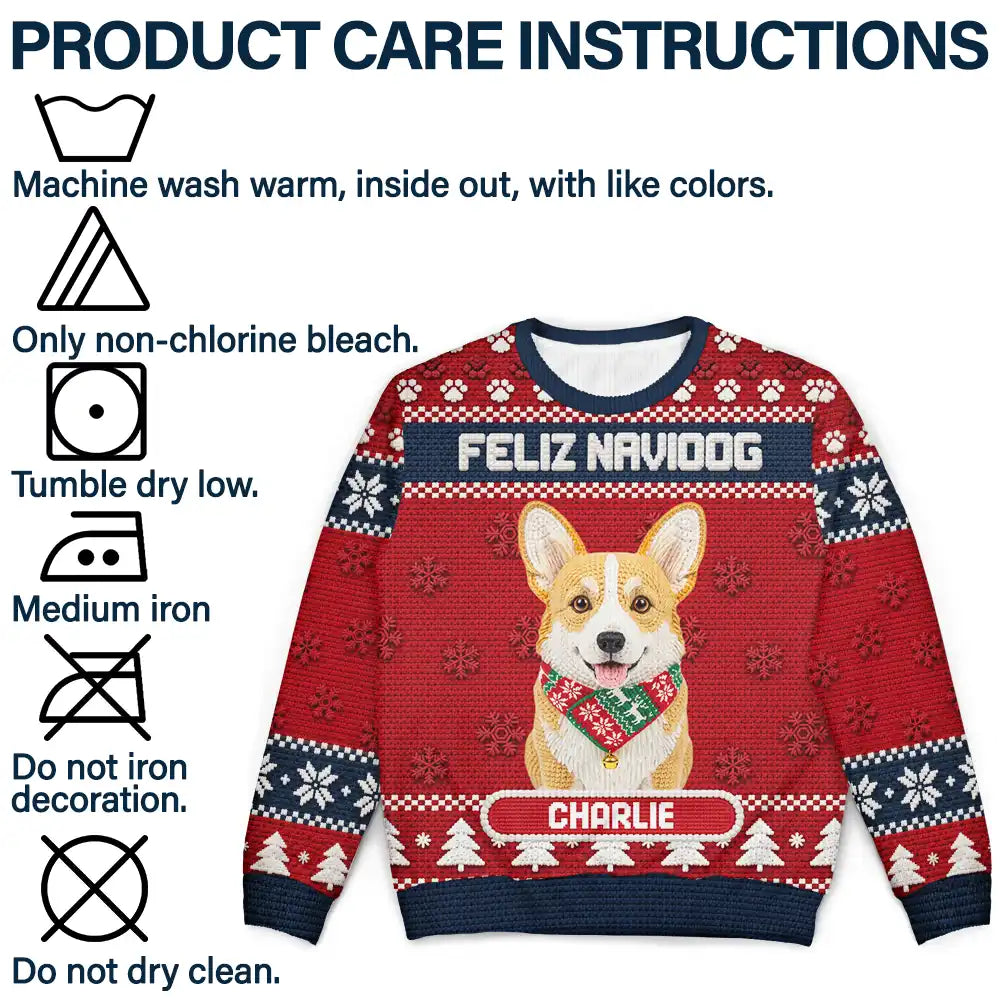 Art Design, Christmas, Custom Photo, Pet Lovers, Photo - Crochet Pet, Playful - Christmas Gift For Pet Lovers - Personalized Custom Photo Crochet Pet Feliz Navidog Unisex Ugly Sweater