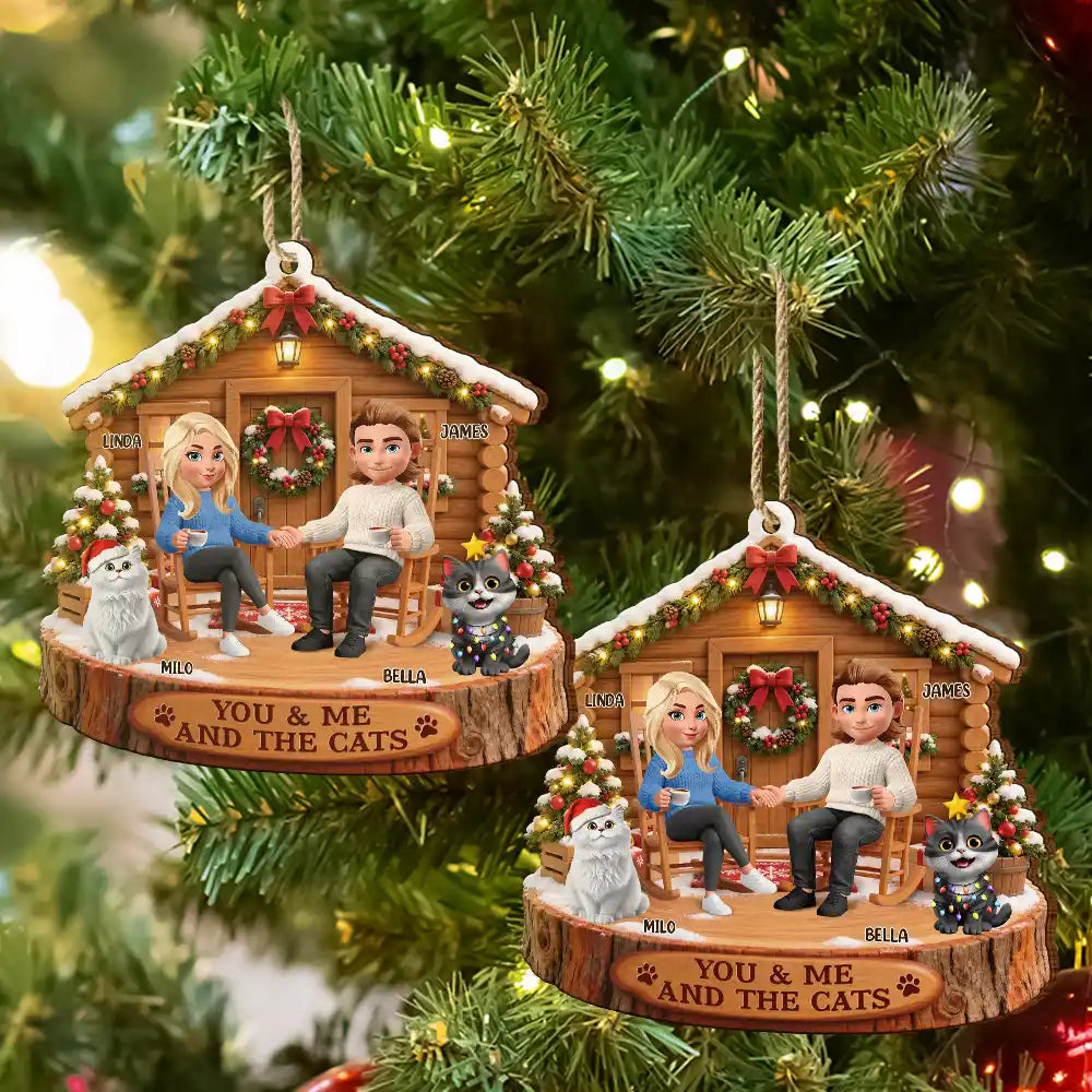 Christmas, Gift For Couples, Pet Couple, Pet Lovers, Romantic, Vector - Christmas Gift For Pet Couples - Personalized You & Me And The Cat Wooden Ornament