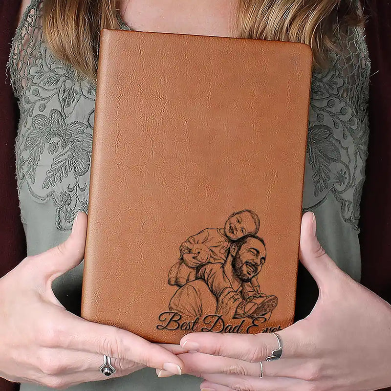 Gift For Father,Gift For Grandpa,Non-Eng,Photo - Pencil Sketch (Bold),Proud - Custom Photo Bold Sketch Best Dad Grandpa Ever Family Portrait - Personalized Leather Journal