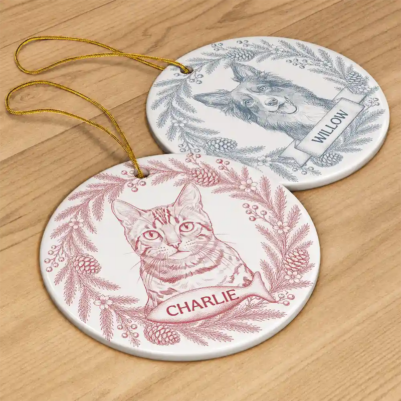Art Design,Christmas,Cozy,Pet Lovers,Photo - Pencil Sketch - Remove BG - Custom Photo Pencil Sketch Loving Dog Cat Pet Portrait - Personalized Circle Ceramic Ornament