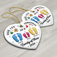 First Christmas As A Family Of Three Footprints 3D Effect - Personalized Heart Ceramic Ornament