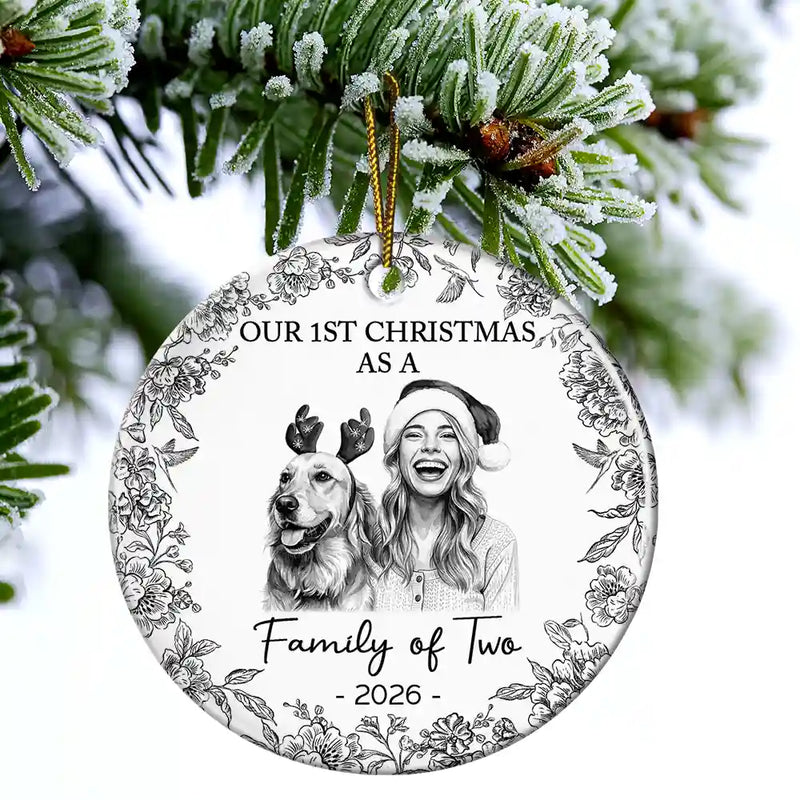 Art Design,Christmas,Family,Photo - Porcelain Art Style,Happy - Custom Photo Single-Color Watercolor First Christmas As A Family Of Four - Personalized Circle Ceramic Ornament