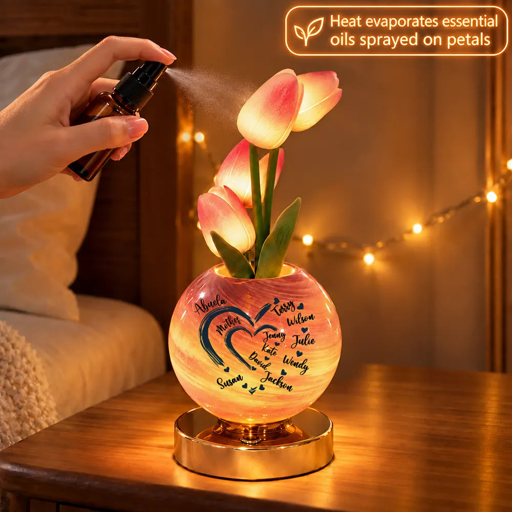 Christmas,Custom Text,Gift For Grandma,Gifts For Her,Grateful,Indoor Decor - Bedside Christmas Home Decor Gift For Grandma, Mom - Personalized With Kid's Name Sweethearts Tulip LED Night Light