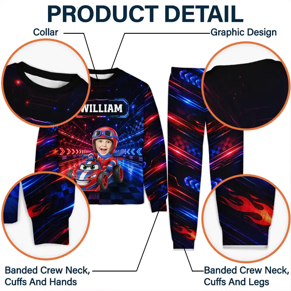 Car,Christmas,Custom Photo,Cut-Face Photo,Gift For Kids,Playful,Top Market,Truck - Gift For Kids Boys - Personalized Custom Photo Photo & Name Race Car Driver With Lightning Kid Pajamas Set