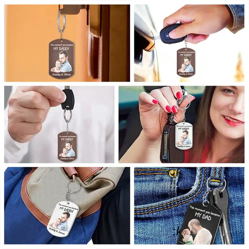 Custom Photo,Gift For Father,New Dad,New baby,Non-Eng,Photo - Watercolor (remove BG),Time-to-Clock,Adorable - Custom Photo Realistic Watercolor Art The Moment You Became My Dad - Personalized Aluminum Keychain