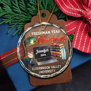 Christmas, Custom Text, Happy, Top Market - Christmas Keepsake Gift For College Student - Personalized Freshman Sophomore Year Circle Glass Ornament