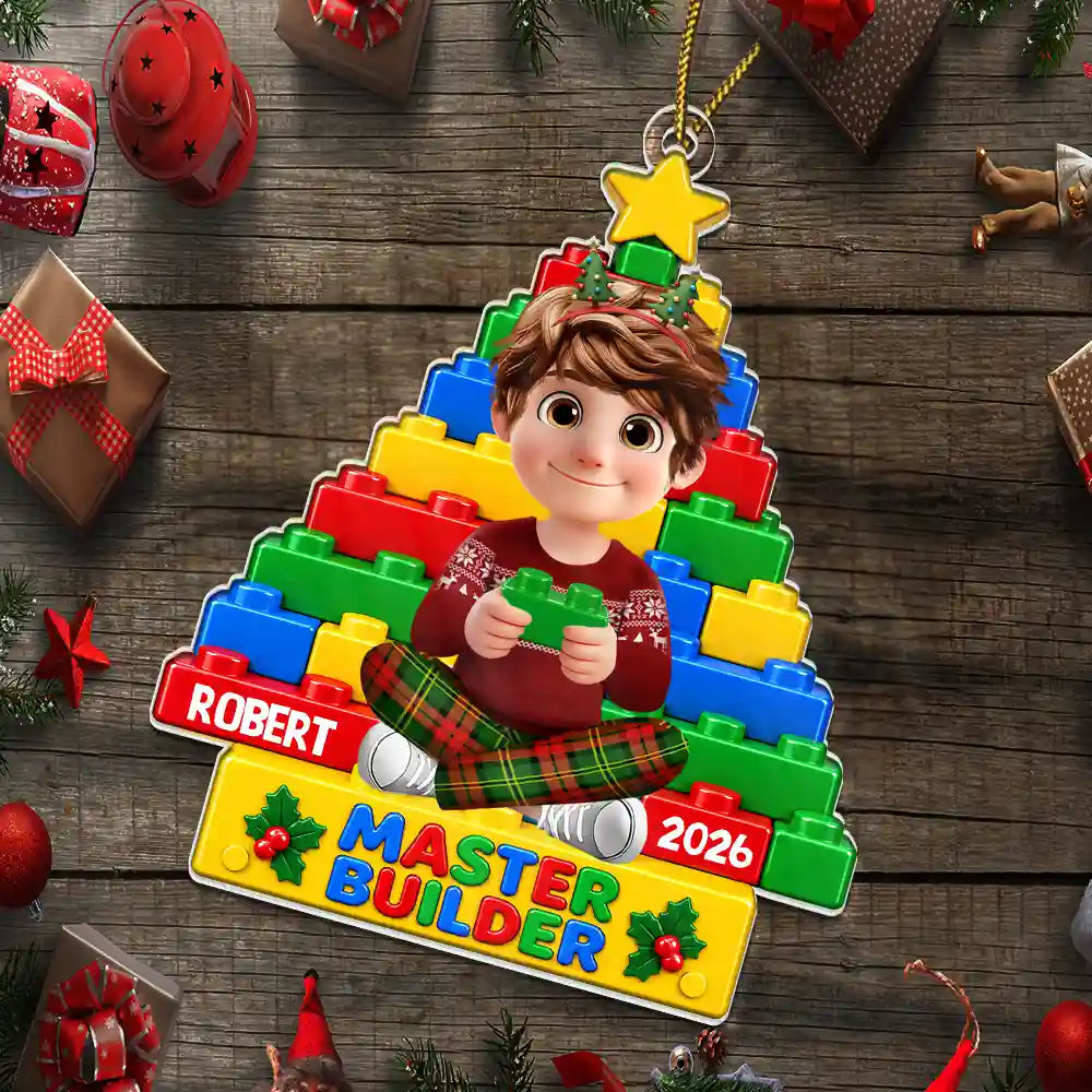 Christmas, Gift For Kids, Happy, Top Market, Vector - Christmas Gift For Kids - Personalized Little Builder Christmas Tree Acrylic Ornament