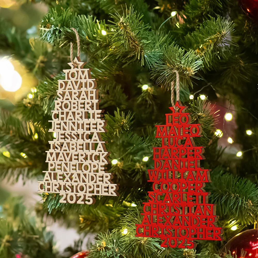 Christmas,Top Market - Christmas Tree Family Bestie Coworker Custom Name Up To 17 Names - Personalized Custom Shaped Wooden Ornament