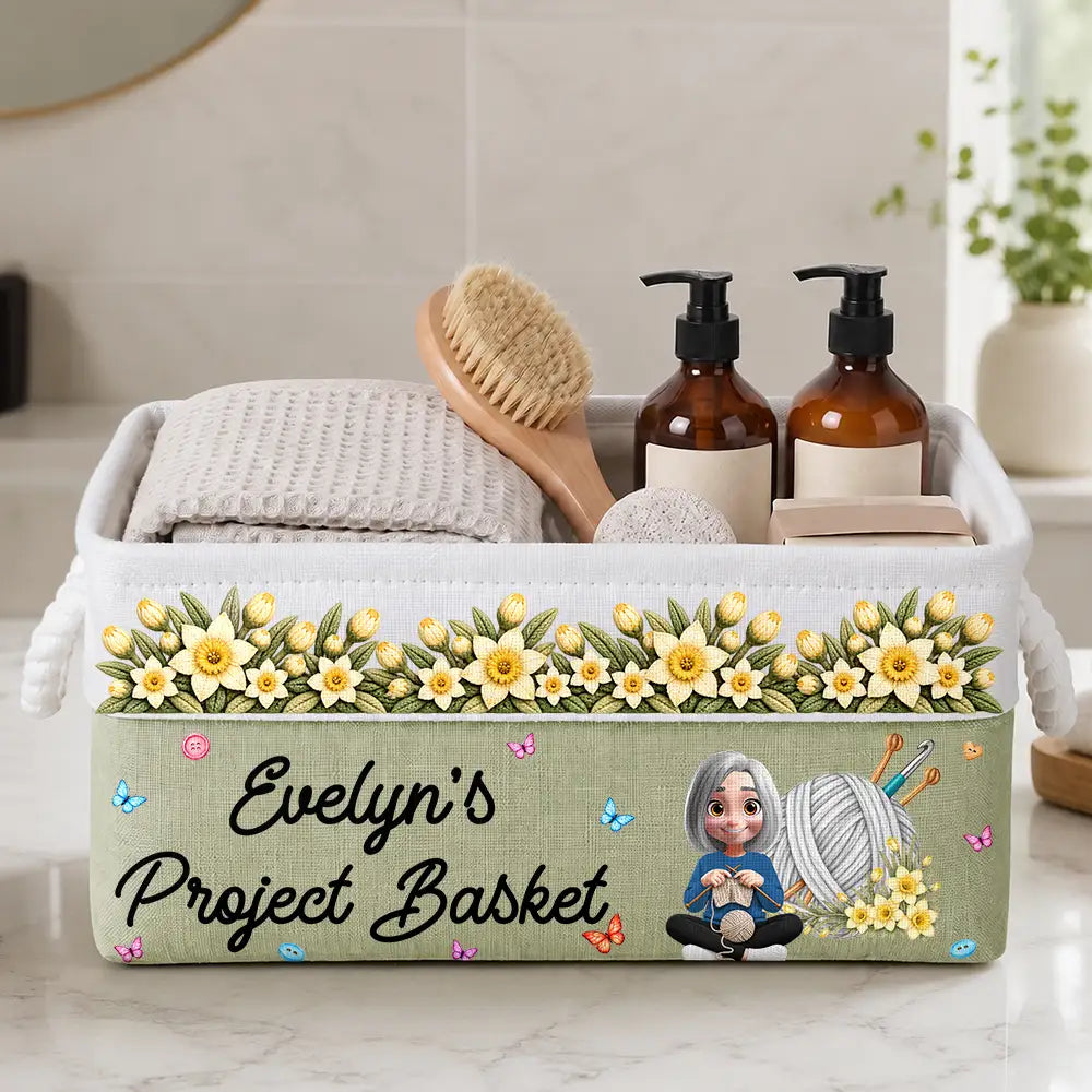 Christmas,Cozy,Crocheting,Gift For Women,Gift For Yourself,Gifts For Her,Icon - Gift For Knitter Crocheter Mom Grandma - Personalized Character & Name Yarn Ball With Birth Flower Storage Basket
