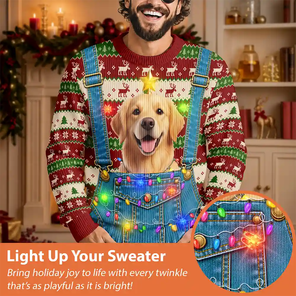 Adorable,Art Design,Christmas,Custom Photo,Gift For Father,Pet Dad,Pet Lovers,Photo - Christmas Accessories 3D Cartoon Pet,Top Market - Christmas Gag Gift For Pet Dad - Personalized Custom Photo Pet Face Hairy Chest Abs Body Unisex Ugly Sweater