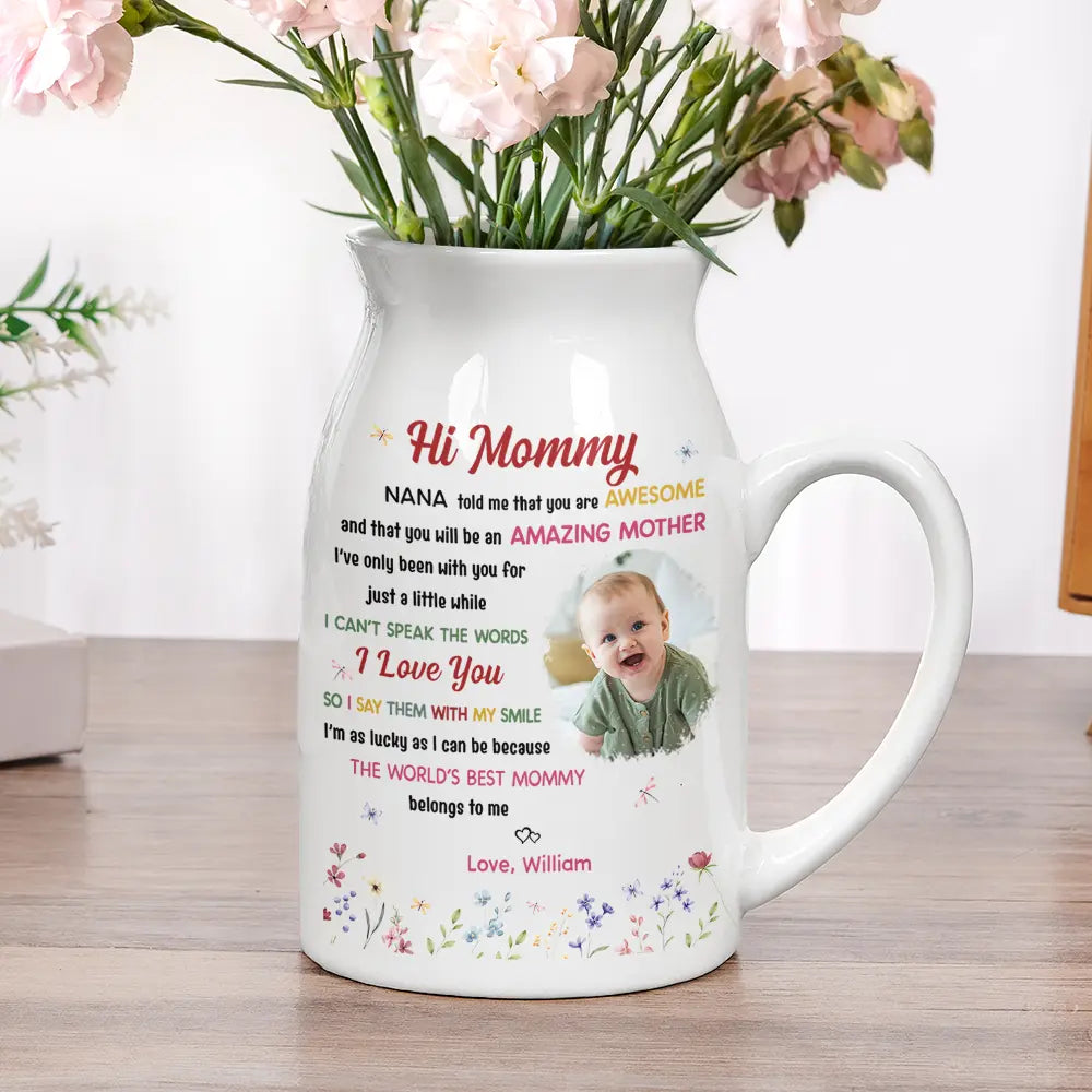 New Mom,Love,Gift For Mother,Photo,Sentimental - Custom Photo The World's Best Mommy Belongs To Me - Personalized Ceramic Flower Vase