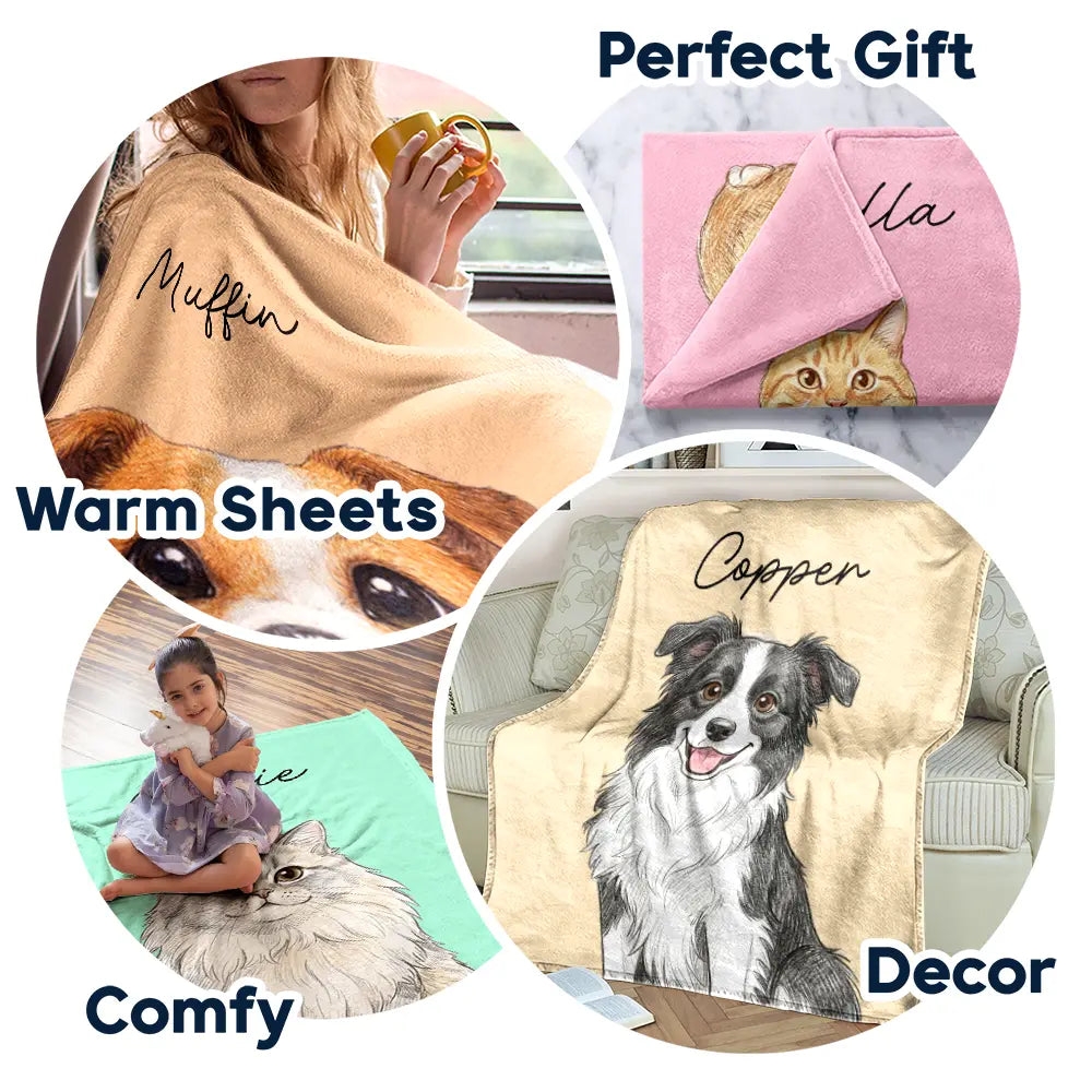Custom Photo,Art Design,Pet Lovers,Top Market,Playful,Photo - Colored Pencil  - Custom Photo Colored Pencil Sketch Dog Cat Pet Portrait - Personalized Fleece Blanket, Sherpa Blanket