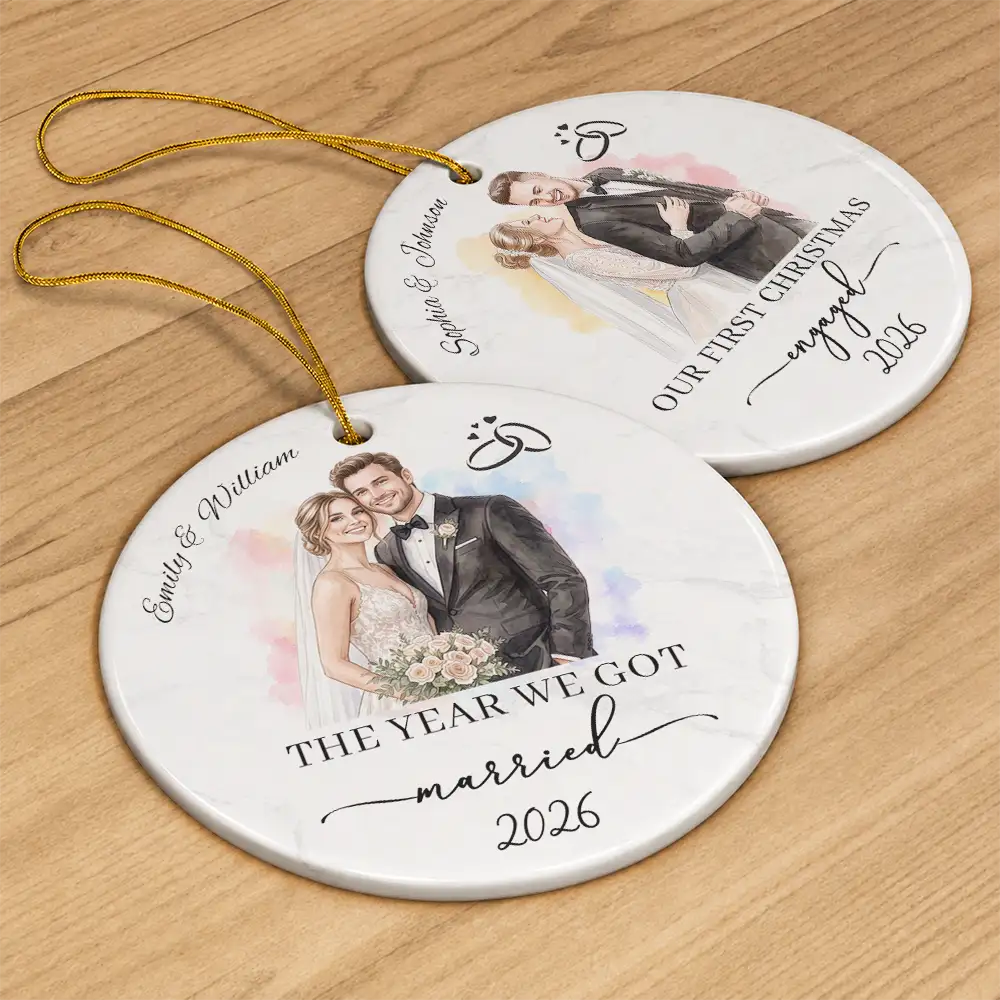 Art Design,Christmas,Married Couple,Romantic,Gift For Couples,Photo - Watercolor - Remove BG - Custom Photo Realistic Watercolor Art First Christmas Married Couple Newly Wed - Personalized Circle Ceramic Ornament