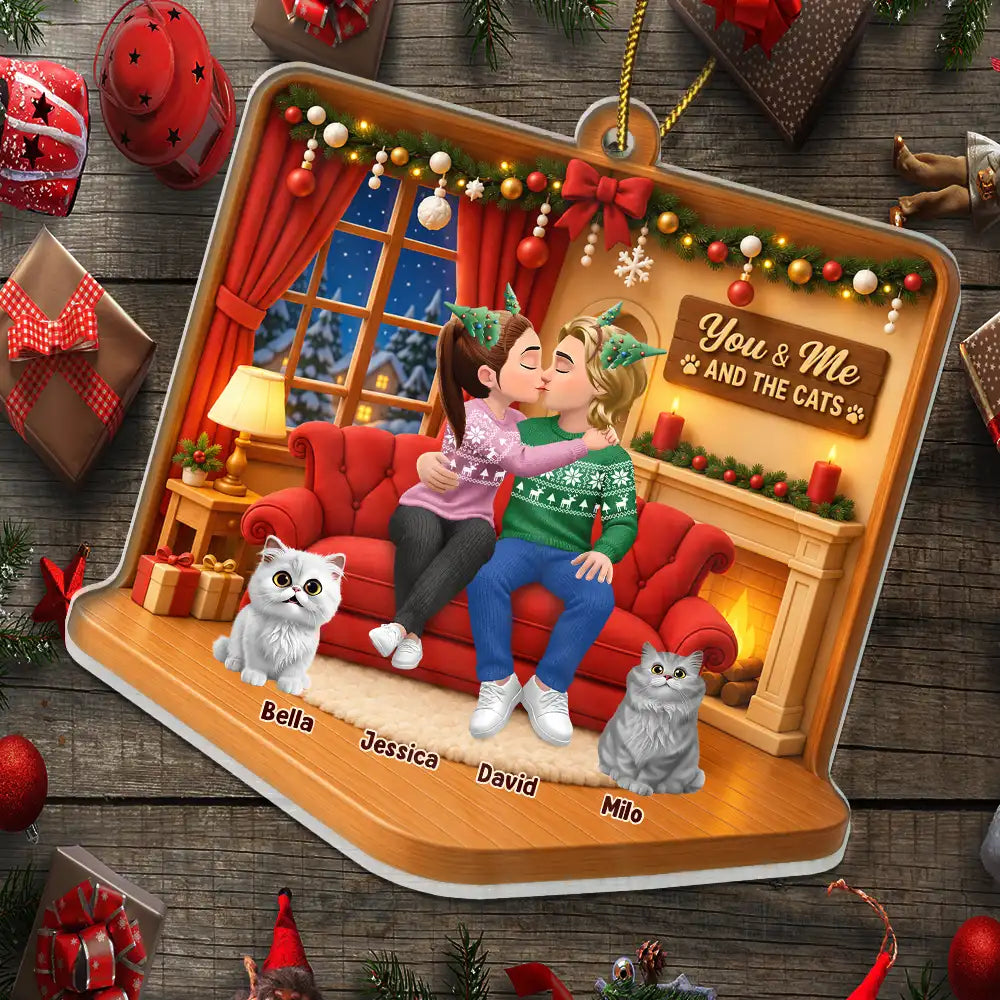 Christmas, Dog Couple, Dog Lovers, Gift For Couples, Pet Lovers, Romantic, Vector - Christmas Gift For Couples With Dogs - Personalized Diorama Style Acrylic Ornament