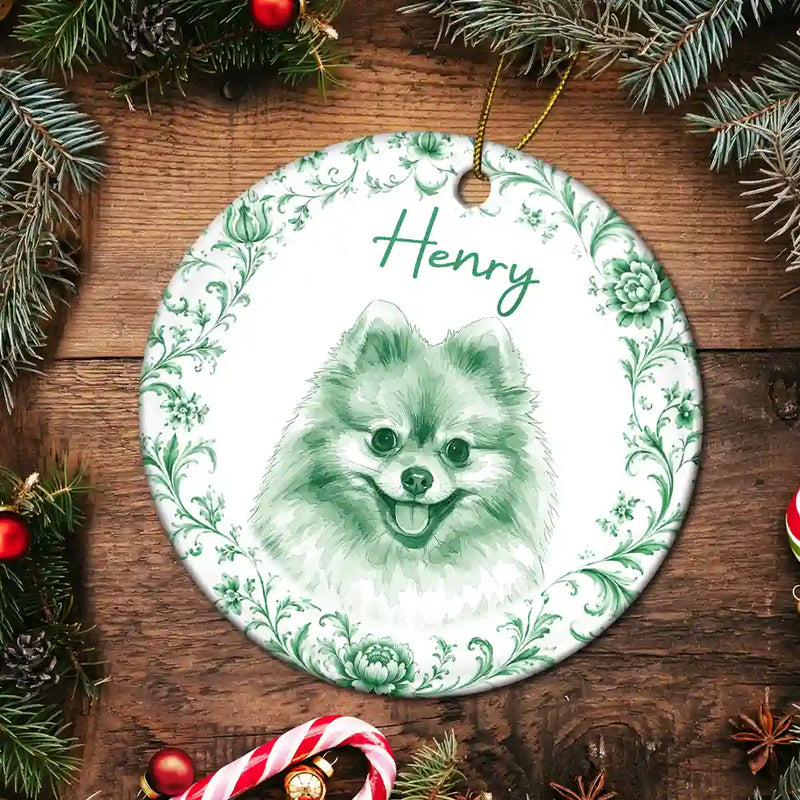 Art Design, Christmas, Cozy, Pet Lovers, Photo - Porcelain Art Style - Custom Photo Single-Color Watercolor Loving Dog Cat Pet Portrait - Personalized Circle Ceramic Ornament