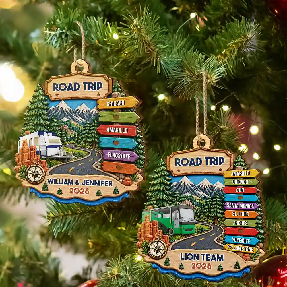 Christmas, Gift For Couples, Icon, Old Couples, Romantic, Travel - Road Trip Travel Gift For Couples, Family, Friends - Personalized Vacation Wooden Ornament