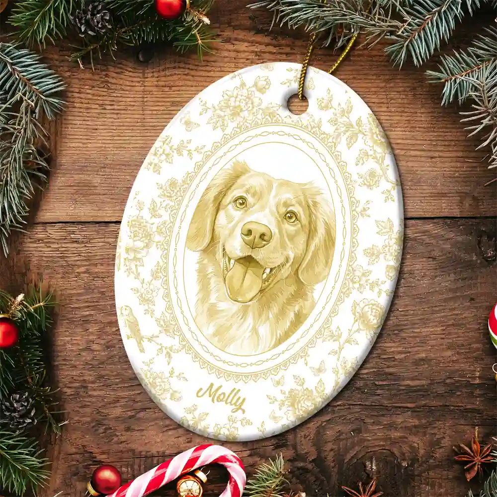 Art Design,Christmas,Cozy,Pet Lovers,Photo - Porcelain Art Style- Custom Photo Single-Color Watercolor Loving Dog Cat Pet Family Portrait - Personalized Oval Ceramic Ornament